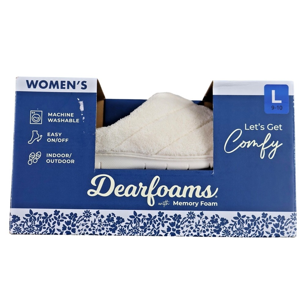 Dearfoams Shoes Womens Size 9.5 White Slipper Mule Cotton‎ Memory Foam Slip On